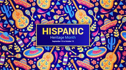 Traditional Hispanic Heritage Festival Colorful Web Banner in Alebrije Style with Hand Drawn Guitar, Maracas, Sombrero National Symbols. Festive Hispanic Horizontal Greeting Card