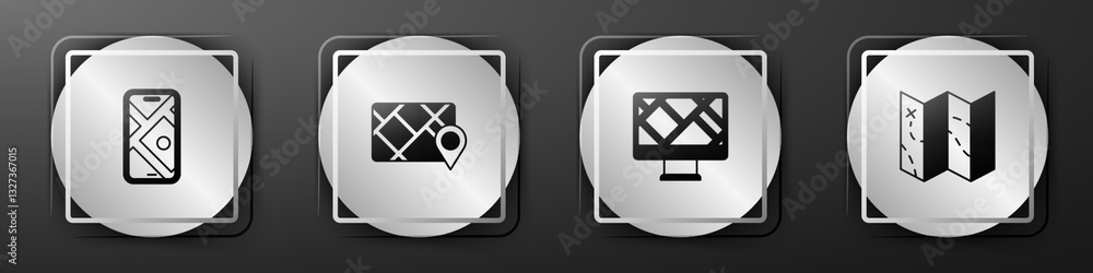 Poster set city map navigation, gps device with, monitor location and folded icon. silver square button. ve