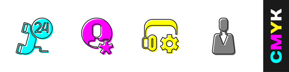 Set Telephone 24 hours support, Elected employee, Headphoneswith settings and Employee icon. Vector