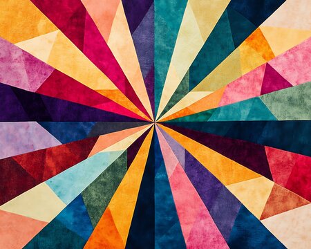 A vibrant kaleidoscope of geometric shapes in rainbow colors, with prominent use of peach, swirling and blending to represent the inclusivity and diversity