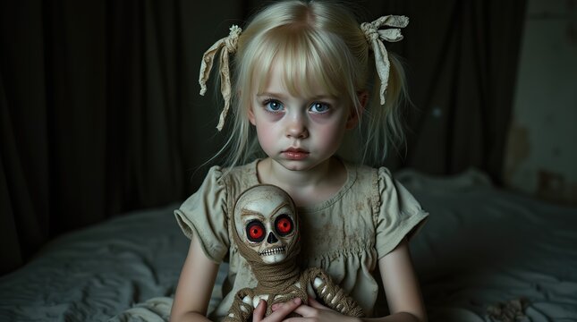 Eerie Portrait of a Young Girl Holding a Creepy Doll in Dim Lighting