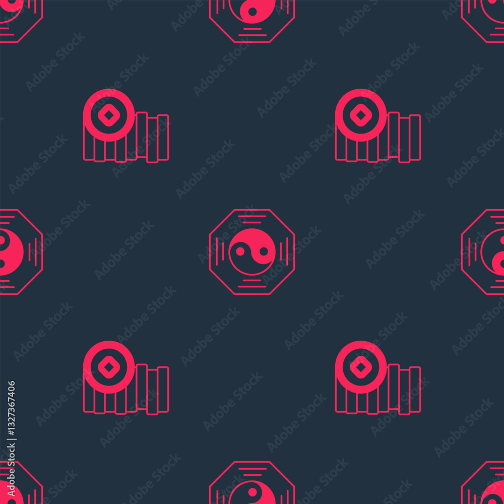 Poster set chinese yuan currency and yin yang symbol on seamless pattern. vector