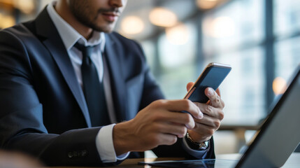 A businessman purchases products via smartphone, engaging in e-commerce transactions through an online store platform