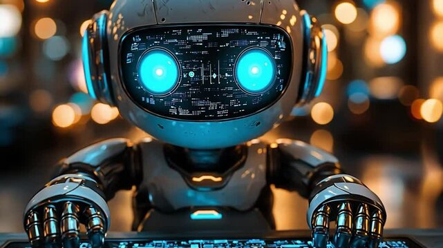 Cute robot in city night background. Possible use for futuristic, technology, or children's book illustration