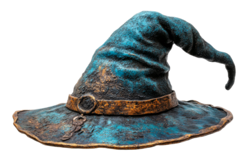Unique blue wizard hat with weathered details and strap
