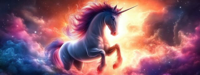 Portrait of a unicorn on a rainbow background. Selective focus.