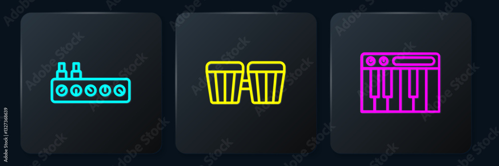 Poster set line sound mixer controller, music synthesizer and drum. black square button. vector
