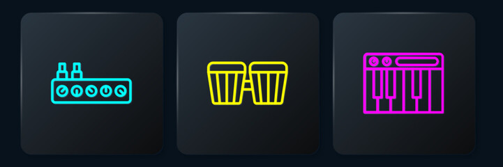 Set line Sound mixer controller, Music synthesizer and Drum. Black square button. Vector