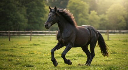 Black Horse Galloping in Green Pasture - A powerful black horse runs freely across a vibrant green field, symbolizing freedom, grace, strength, nature, and untamed spirit