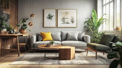 Cozy Boho Living Room: Gray Sofa, Wooden Coffee Table, Modern Apartment Interior Design home decor  