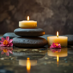 Tranquil Spa Setting with Candles on Stones and Lotus Flowers