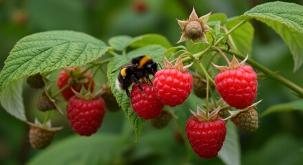 Bumblebee and Raspberry Delight: A Summertime - A bumblebee pollinates ripe raspberries on a bush, symbolizing nature, sweetness, summer, harvest, and pollination