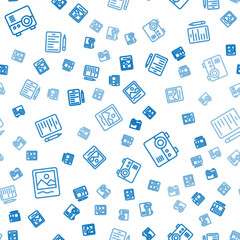 Set line Photo frame, Media projector and Scenario on seamless pattern. Vector