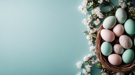 This beautiful image features a nest filled with pastel-colored Easter eggs alongside delicate white flowers, creating a serene and festive atmosphere perfect for spring.