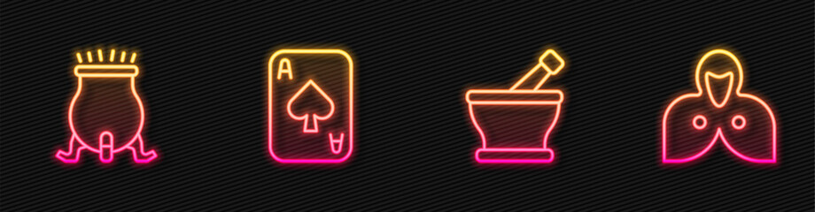 Set line Mortar and pestle, Witch cauldron, Playing cards and Mantle, cloak, cape. Glowing neon icon. Vector