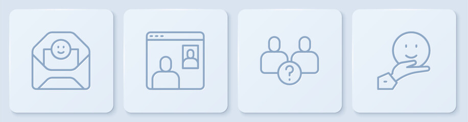 Set line Envelope with Valentine heart, Complicated relationship, Video chat conference and Happy friendship day. White square button. Vector