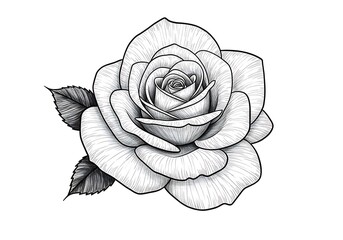 Elegant Rose Blossom Drawing with Detailed Petals and Leaves Illustration