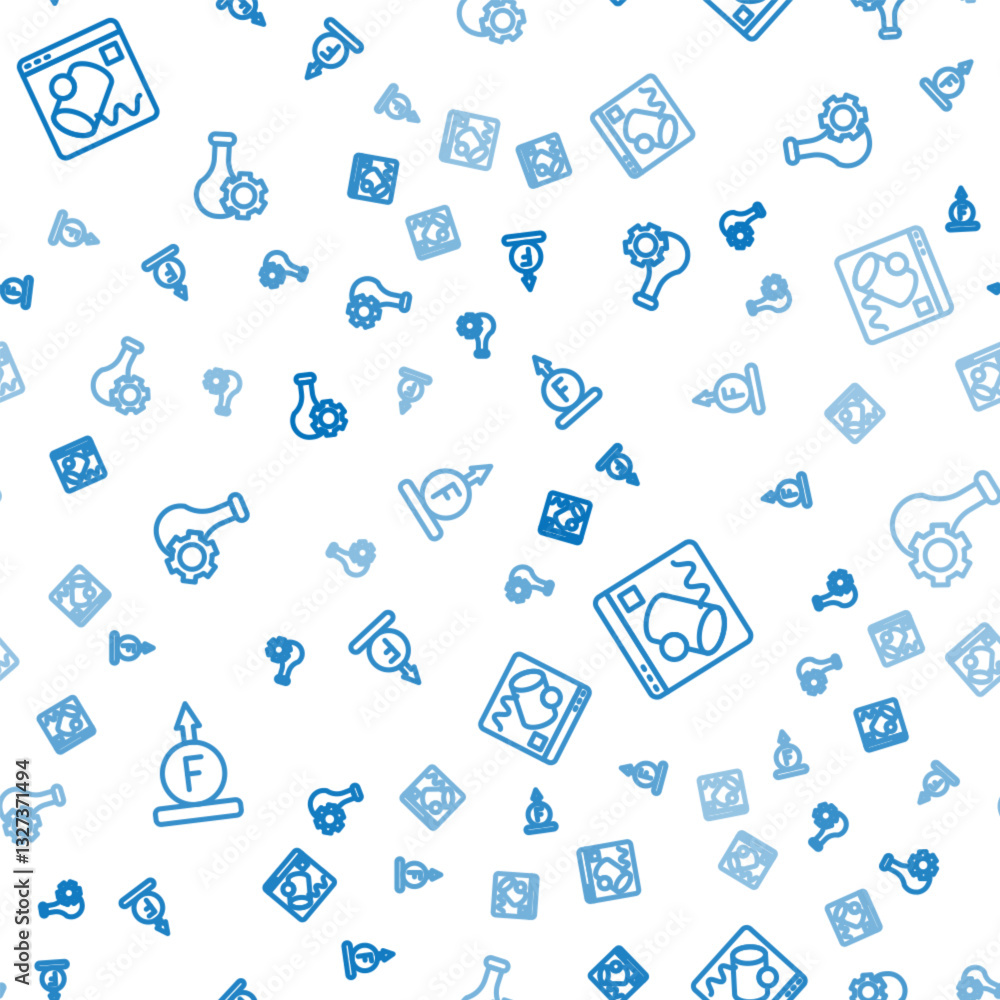 Poster set line force of physic formula, data visualisation and test tube on seamless pattern. vector