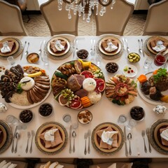 Grand Festive Table Setting with Abundant Dishes and Elegant Presentation
