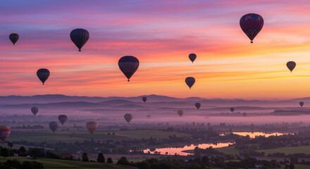 Obraz premium Colorful Hot Air Balloons at Sunrise - Many hot air balloons fly over a misty landscape at sunrise, creating a serene and colorful scene