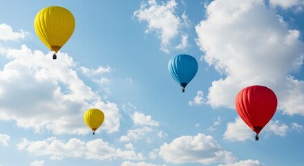 Fototapeta premium Colorful Hot Air Balloons Soaring High - Four vibrant hot air balloons, yellow, blue, red, and a smaller yellow, drift gracefully across a bright blue sky dotted with fluffy white clouds
