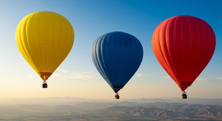Obraz premium Colorful Hot Air Balloons Soaring High - Three vibrant hot air balloons—red, yellow, and blue—drift gracefully across a clear sky, symbolizing adventure, freedom, aspiration, travel, and unity