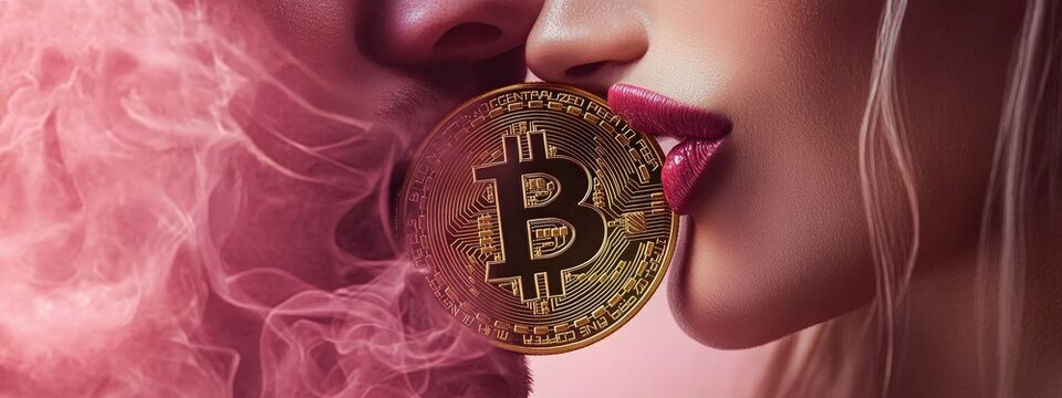 kiss of man with woman and bitcoin coin. Selective focus.