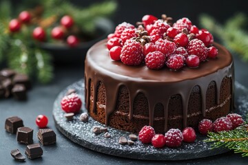 Decadent chocolate cake with fresh berries and a rich smooth chocolate ganache drip