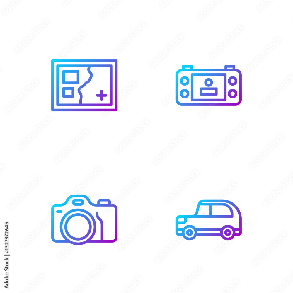 Poster set line car, photo camera, folded map and portable video game console. gradient color icons. vector