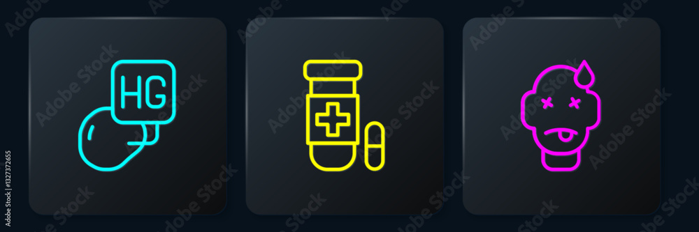 Aufkleber set line drop of mercury, man poisoning and antidote. black square button. vector