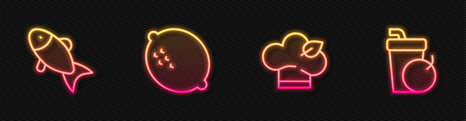 Set line Vegan food diet, Fish, Lemon and Fresh smoothie. Glowing neon icon. Vector