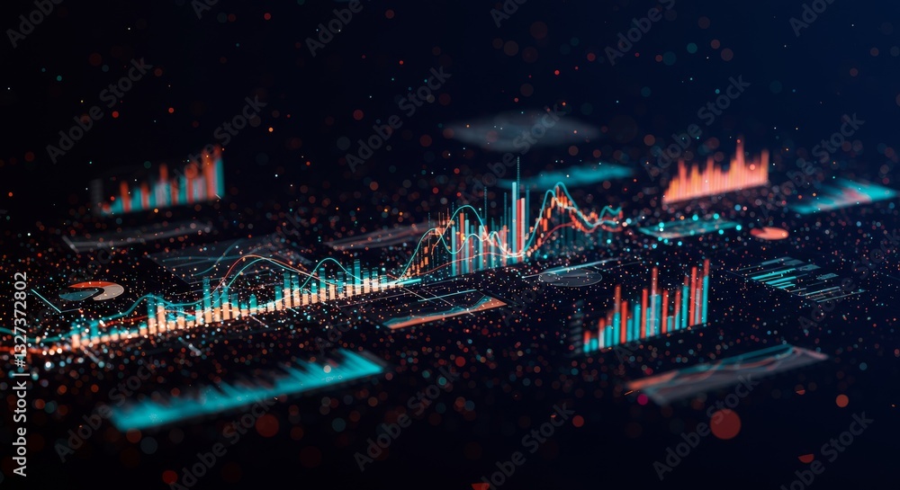 Poster data visualization: colorful graphs and charts - abstract visualization of big data, analytics, info