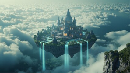 A castle is floating in the sky with waterfalls coming out of it