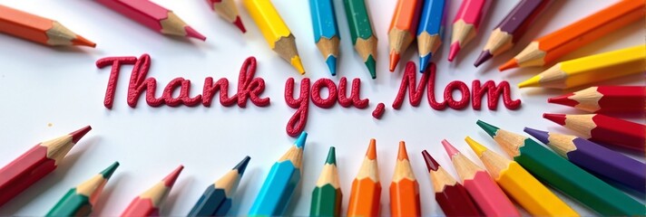 Thank You, Mom text in red surrounded by colorful pencils on a white background, cheerful concept of greeting card, stationery, or craft shop