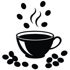 Steaming Espresso Silhouette with Scattered Beans