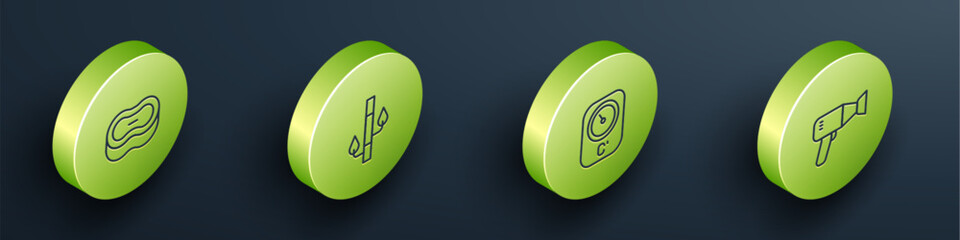 Set Isometric line Bar of soap, Bamboo, Sauna thermometer and Hair dryer icon. Vector
