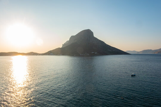 Sunset view of the Telendos island from Myrties village in Kalymnos island, Greece