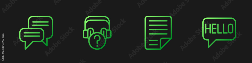 Poster set line file document, speech bubble chat, headphones with question and hello in different language