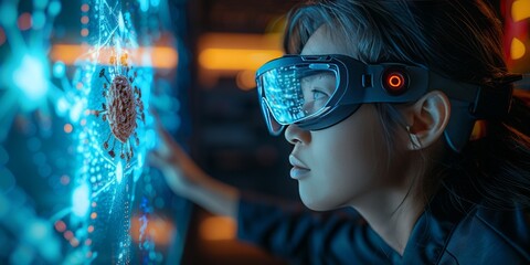 Female scientist using augmented reality to study a 3D virus model in a high-tech laboratory