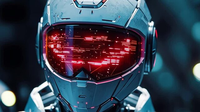 Cybernetic Sentinel: A futuristic depiction of a high-tech cybernetic helmet, its visor displaying a complex matrix, conveying a sense of advanced technology, security, and sci-fi intrigue.