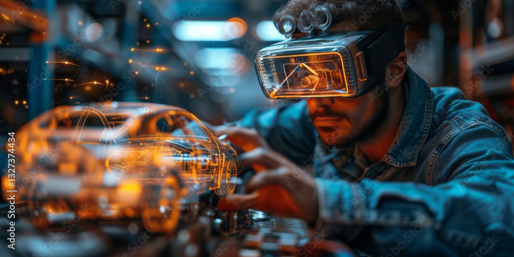 Poster engineer wearing augmented reality headset designing a futuristic holographic car prototype in a hig
