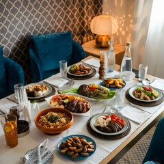  Luxurious Dining Experience with Assorted Dishes and Elegant Table Setting