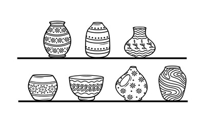 A collection of jugs and vases on the shelves according to your design. Line art style. Ceramic dishes, vases, clay bowls and pots are white. Clay vases on a shelf, contour black and white drawing
