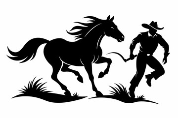 cowboy and horse running line art silhouette vector illustration	