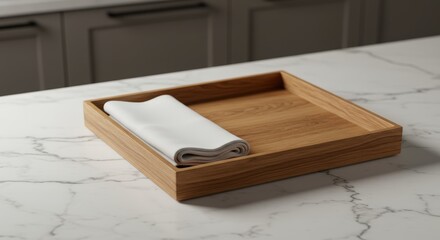 Fototapeta premium Wooden Tray with Napkin on Marble Countertop in Modern Kitchen