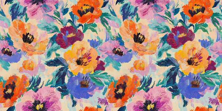 Hand-drawing floral seamless pattern in style of impressionism. Stylish painted background with colorful meadow flowers. Abstract botanical summer cute illustration. All-over design for print, textile