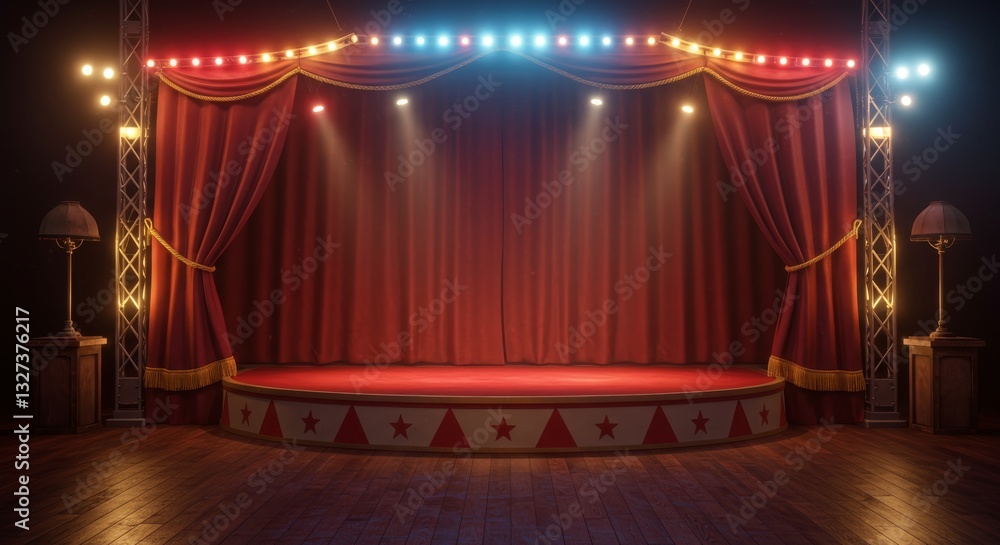Poster empty circus stage ready for performance - a captivating of an empty circus stage, bathed in warm an