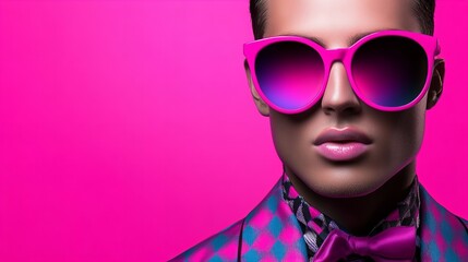 Close-up portrait of a young man with dark features wearing vibrant pink sunglasses and a patterned jacket against a bold pink background.