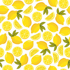 A seamless pattern featuring bright yellow lemons with a textured peel on a clean white background. Perfect for fabric, textiles, wallpaper, and decorative designs with a fresh and vibrant citrus them