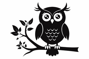 owl with a tree branch line art silhouette vector illustration	